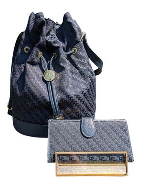 Gucci Vintage Monogram Jacquard Drawstring Bucket Bag & Wallet, Navy, EUC!